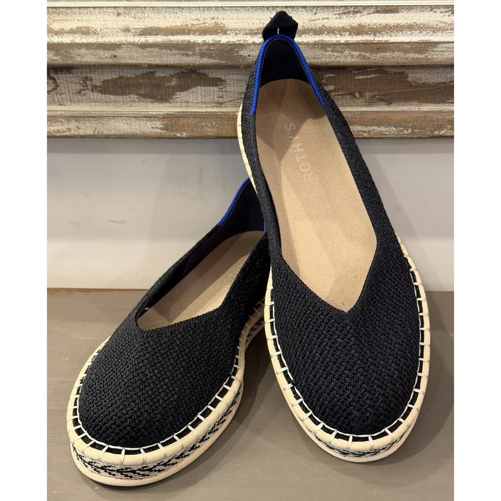 ROTHYS The Espadrille Black Slip on Summer Flats-Lace up Jute Comfort-US Sz 8.5